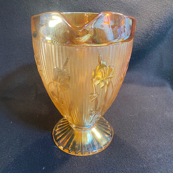 Vintage Jeannette Iridescent Marigold Carnival Iris Herringbone Pitcher - Picture 3 of 6